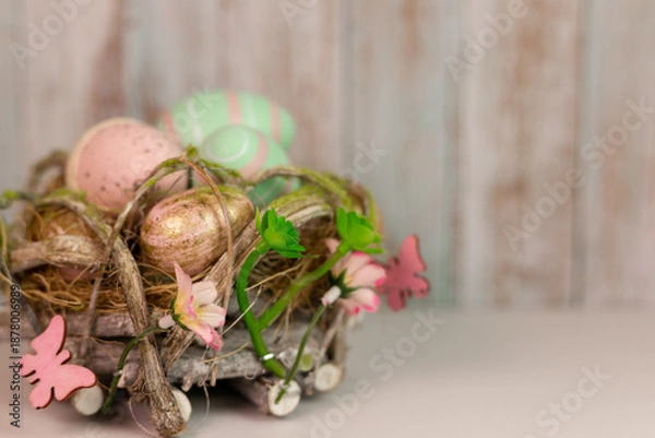 Fototapeta Easter eggs, paints and a brush. Easter background. Coloring Easter eggs