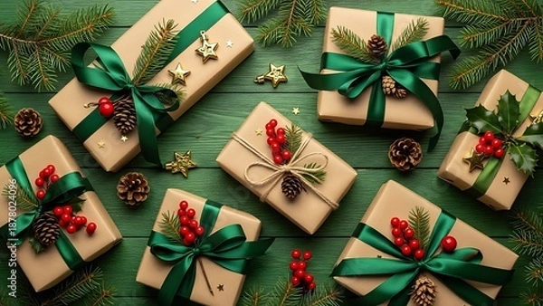 Obraz Holiday gift boxes with green ribbons