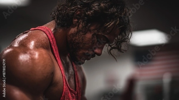 Obraz Man exercises in gym while showing focus during workout session