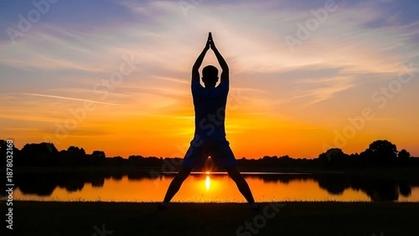 Obraz Silhouette practicing yoga at sunset