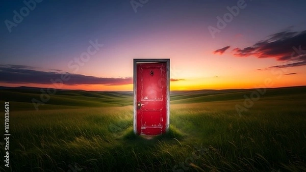 Obraz Red door in open field at sunset