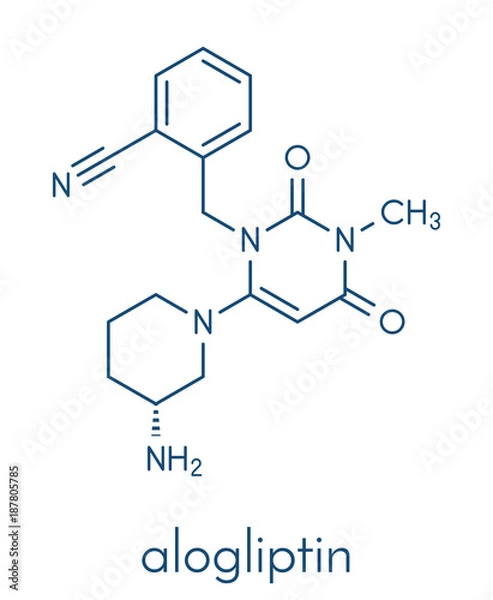 Fototapeta Alogliptin diabetes drug molecule. Belongs to dipeptidyl peptidase 4 (DPP-4) or gliptin class of antidiabetic medicines. Skeletal formula.
