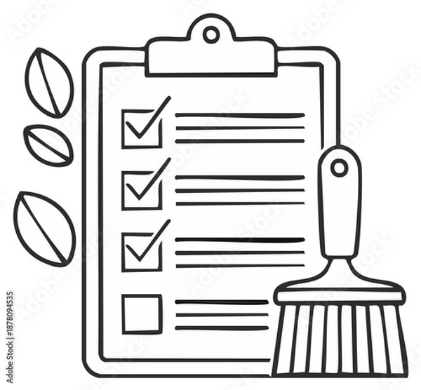 Obraz Checklist with Checkmarks, Brush, and Leaves - Task Completion Concept