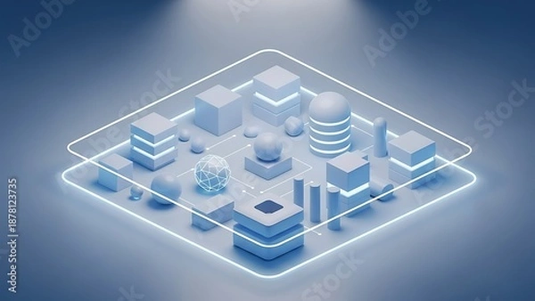 Fototapeta Low Poly3 D Abstract Network Visualization With Blue Shapes And Lines