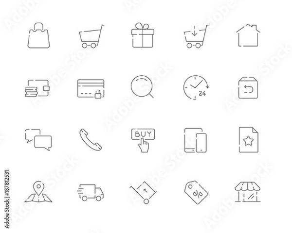 Fototapeta Simple set of E-commerce related vector line web icons. Contains such Icons as Shopping cart, Payment, Search, Delivery, Return, Support and more. Editable Stroke. 48x48 Pixel Perfect.
