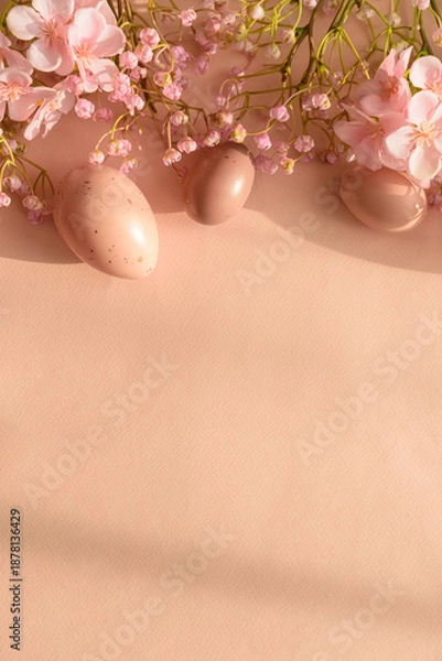 Obraz Speckled Easter Eggs and Cherry Blossoms on Peach Background. Festive Spring Flatlay