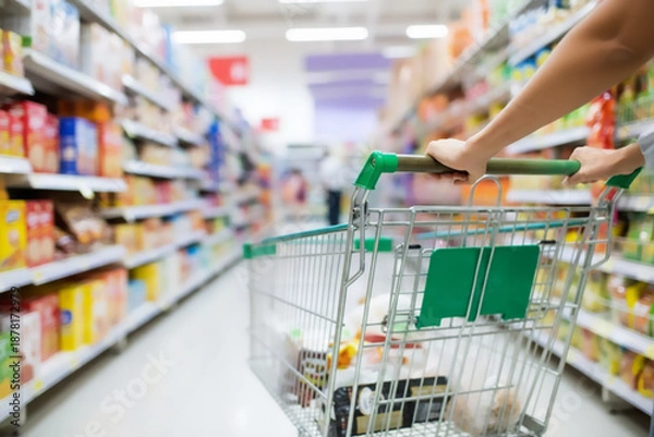 Fototapeta スーパーマーケットの棚の間をショッピングカートを押して歩く人の手