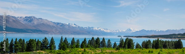 Fototapeta Panorama view of Beautiful scene of Mt Cook in summer beside the lake with green tree and blue sky. New Zealand