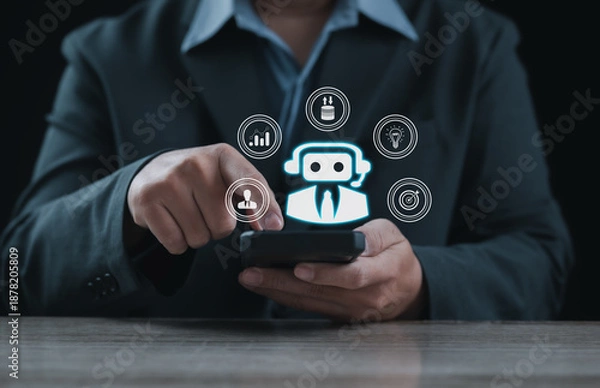 Obraz Artificial intelligence chatbot assistant operating on mobile interface, supporting customer service, data analysis, workflow automation, digital communication, and smart technology solutions for mode