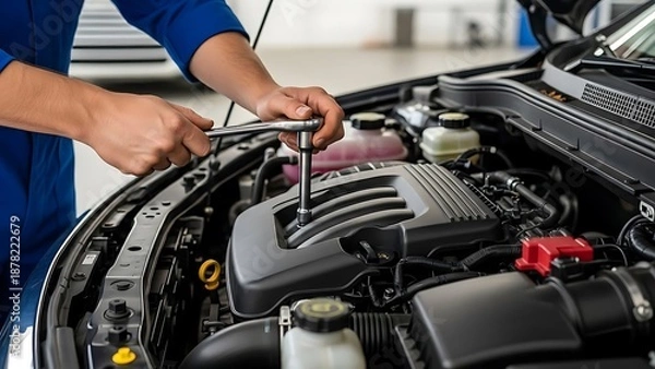 Obraz Mechanic working on a car engine with a socket wrench.