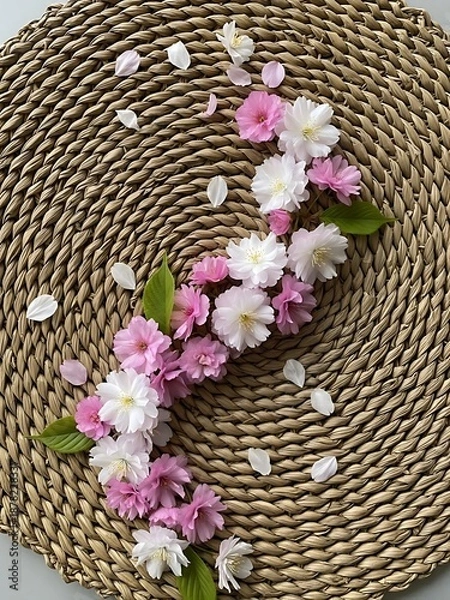 Obraz Delicate pink blossoms cascading on woven straw surface composition