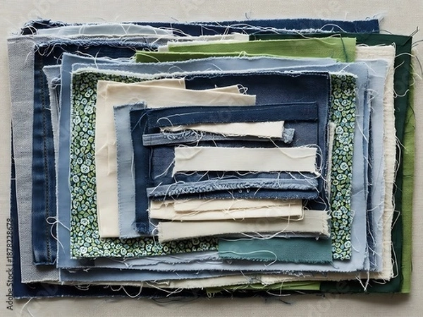 Obraz Denim Patchwork Composition with Diverse Textile Fragments and Artistic Threads