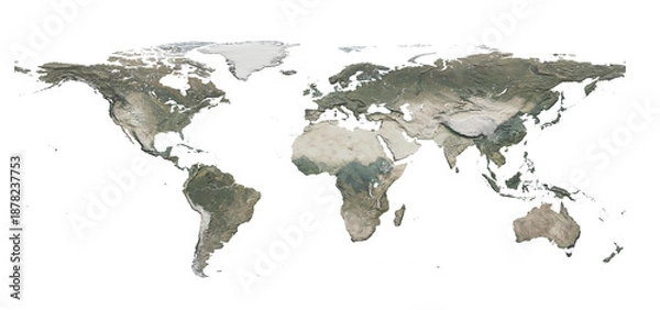 Obraz World Map Realistic Terrain High Relief. 3d rendering