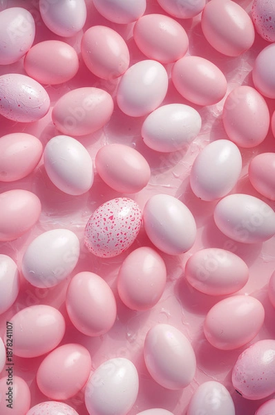 Obraz パステル調のピンク背景に白ピンクのたまご柄が続く縦型デザイン背景素材. 生成AI