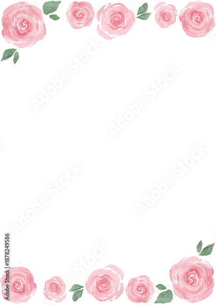 Fototapeta 水彩風ピンクのバラのフレームイラスト｜やさしく上品な花のデザイン