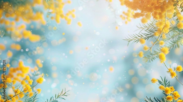 Fototapeta 優しいミモザと青空の背景イラスト　AI生成画像　