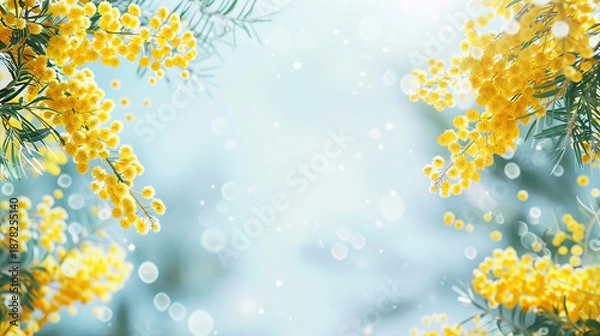 Fototapeta 優しいミモザと青空の背景イラスト　AI生成画像　