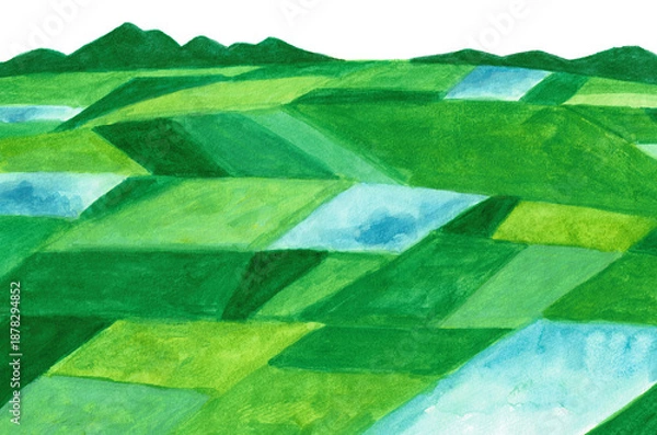 Fototapeta 手描き水彩イラスト　田舎の田園風景