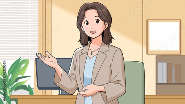 Obraz オフィス会議　プレゼン中の女性　仕事風景　ビジネス人物イラスト　説明するシーン　提案する女性　日本アニメ風　働く女性　ミーティング　ビジネス活用　教育現場　リモートワーク素材