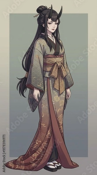 Obraz 落ち着いた雰囲気の着物を着た黒髪の美しい女性の鬼のイラスト generative ai