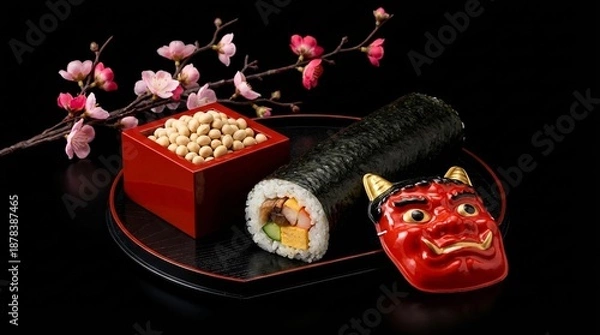 Obraz 黒い背景に映える節分の恵方巻と赤い升に入った大豆と梅の花の装飾 generative ai