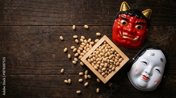 Obraz 木目の背景に置かれた節分の升に入った大豆と赤鬼とおかめのお面 generative ai
