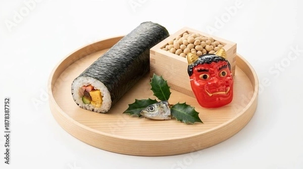 Obraz 丸いお盆の上にきれいに盛り付けられた恵方巻と節分の飾りセットの静物 generative ai