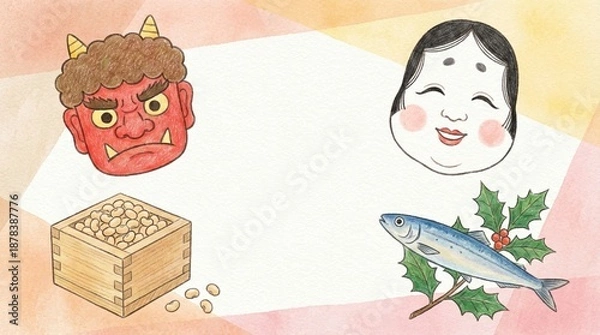 Obraz 水彩画風の優しいタッチで描かれた節分のイラストフレームとコピースペース generative ai