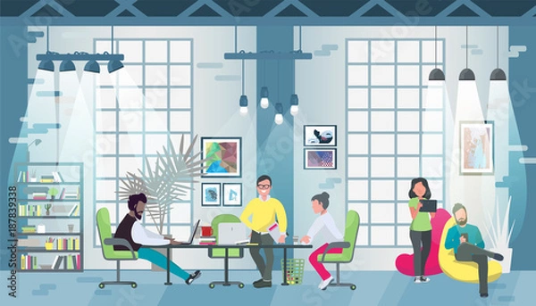 Fototapeta Coworking office concept design for web banners, infographics. Multicultural team works together in coworking place. Concept of the coworking center. Vector flat style illustration.