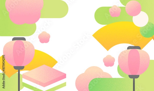 Obraz ひな祭りの背景素材　菱餅と梅とぼんぼりのレトロなフラットイラスト