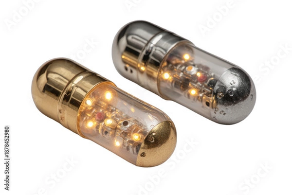 Obraz Two small, illuminated capsule-shaped electronic components on black background