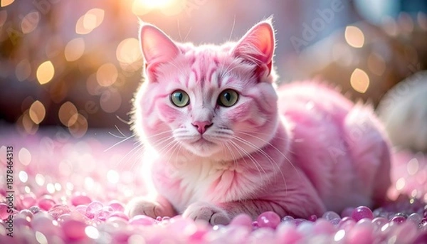 Fototapeta ピンク色の猫とローズクオーツ