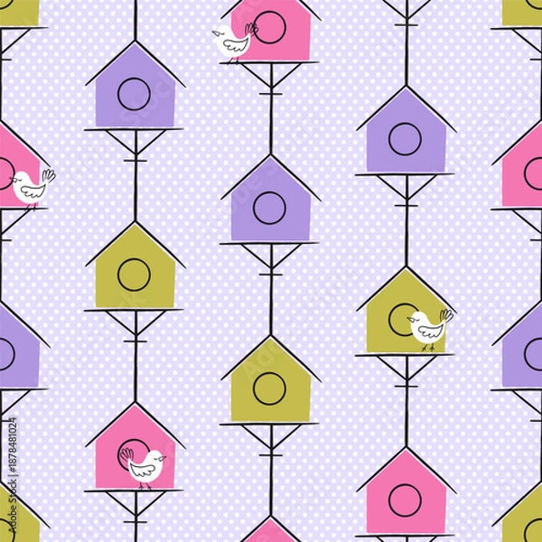 Obraz Spring Birdhouse in Vertical Stripes Vector Seamless Pattern