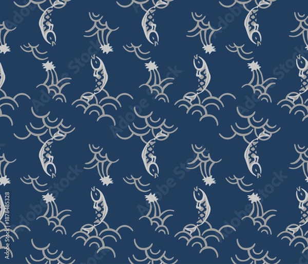 Obraz Japanese Fish Wave Motif Vector Seamless Pattern
