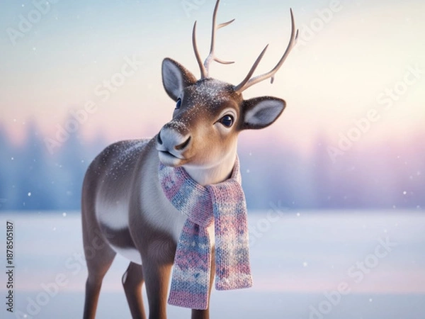 Obraz 銀世界でマフラーを巻いたトナカイ