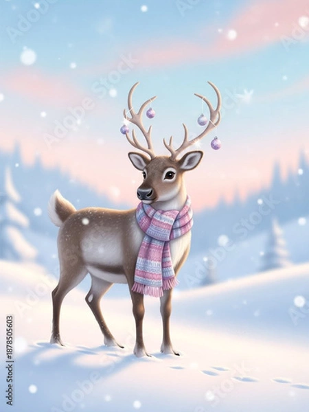 Obraz 銀世界でマフラーを巻いたトナカイ