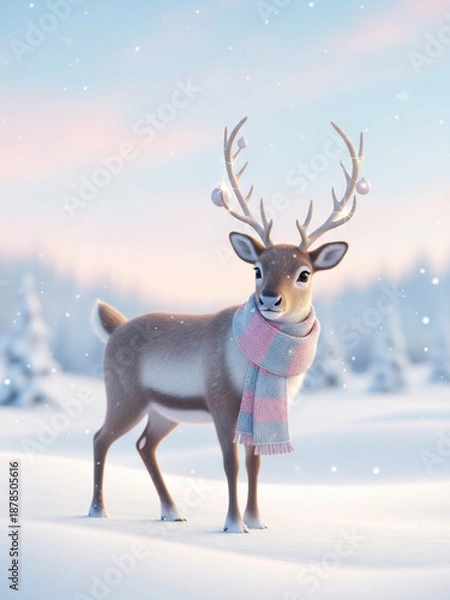 Obraz 銀世界でマフラーを巻いたトナカイ
