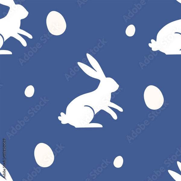 Obraz Blue Easter Bunny Seamless Pattern Rabbits and Eggs Repeat