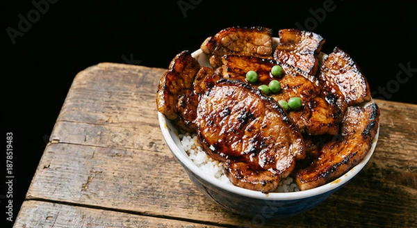 Obraz 艶やかな照り焼き豚肉とご飯の豚丼、食欲をそそる和食