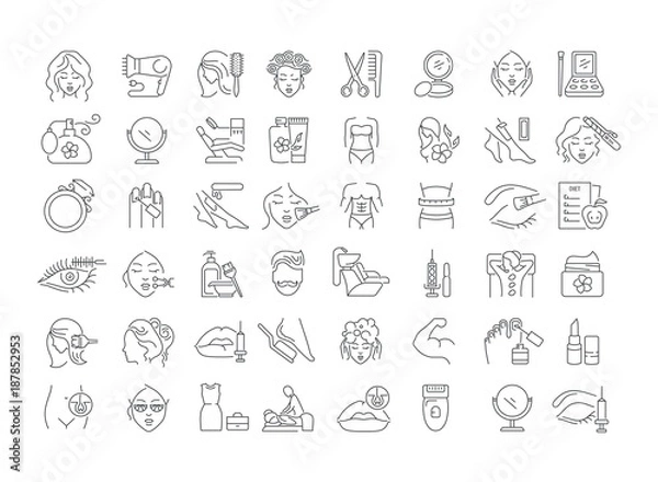 Fototapeta Vector graphic set. Icons in flat, contour, thin, minimal and linear design. Beauty. Attributes of beauty for men and women. Concept illustration for Web site. Sign, symbol, element.