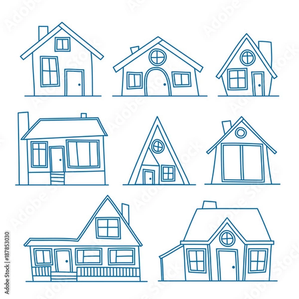 Fototapeta set of Vector line art illustration of cool detailed house icon isolated on white background. For coloration