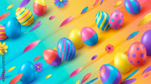 Obraz Festive Easter Eggs Explosion with Flowers on Colorful Background