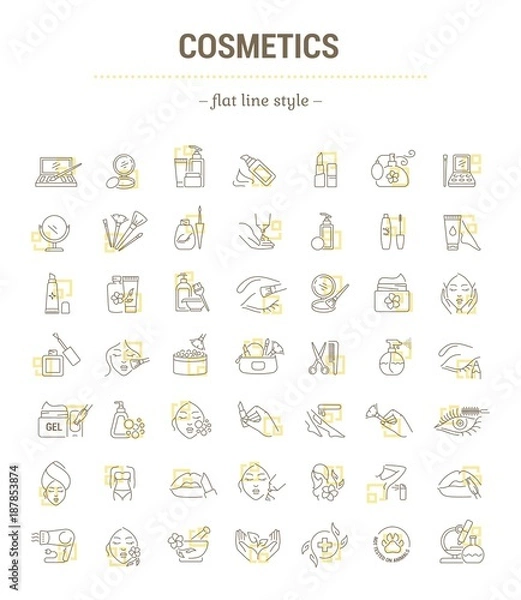 Fototapeta Vector graphic set. Isolated Icons in flat, contour, thin, minimal and linear design. Cosmetics for face and body. Makeup Accessories. Concept illustration for Web site. Sign, symbol, element.