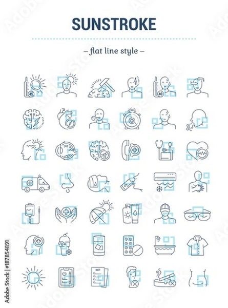 Fototapeta Vector graphic set. Isolated Icon in flat, contour, thin, minimal and linear design. Sunny stroke. Illness, symptom. Protection. Overheating on sunny day. Concept simple illustration. Sign, symbol.