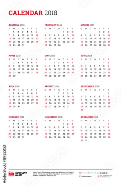Fototapeta Vector calendar poster Tabloid size for 2018 Year. Week starts on Sunday. Stationery design template