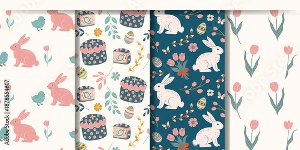 Obraz Spring backgrounds with bunnies, flowers and easter eggs. Springtime seamless patterns. Easter ornaments