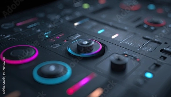 Obraz Futuristic electronic device with illuminated knobs and buttons, creating a vibrant glow