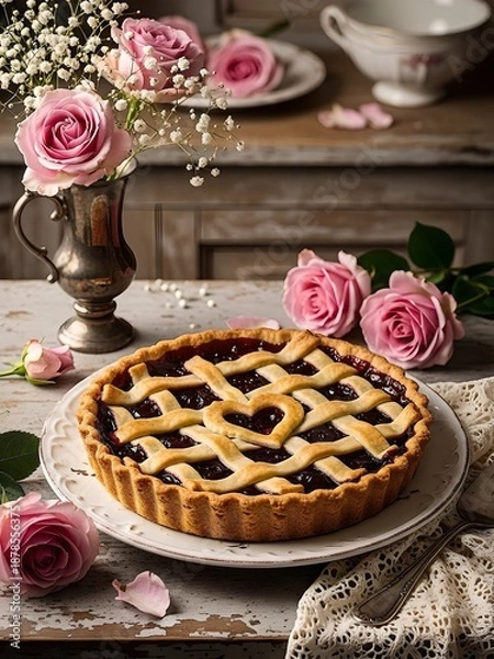 Obraz Cherry Pie With Lattice Crust On Rustic Table Surrounded By Flowers 
