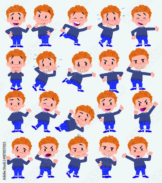 Fototapeta Cartoon character white boy in jeans. Set with different postures, attitudes and poses, doing different activities in isolated vector illustrations.