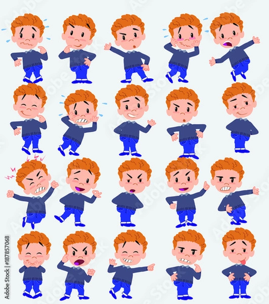 Fototapeta Cartoon character white boy in jeans. Set with different postures, attitudes and poses, doing different activities in isolated vector illustrations.